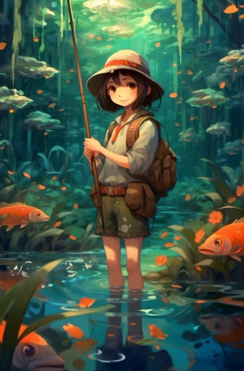 夏天季节女孩站在长着荷叶的池塘中玩耍钓鱼树叶飘落手绘插画画面,插画/手绘图,插画/手绘图库,插画/手绘图下载,插画/手绘